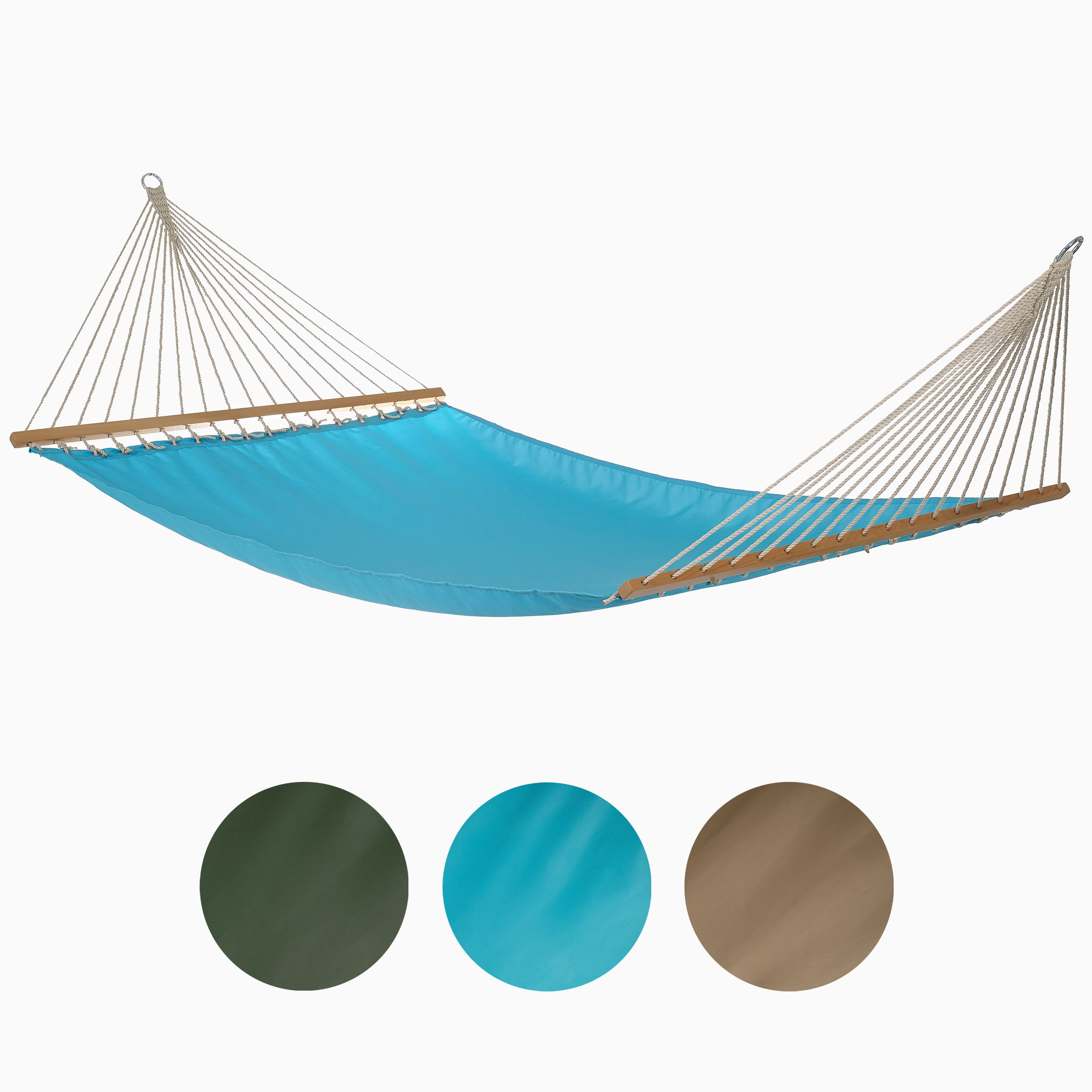 Full view of blue hammock above green, blue and khaki color swatches